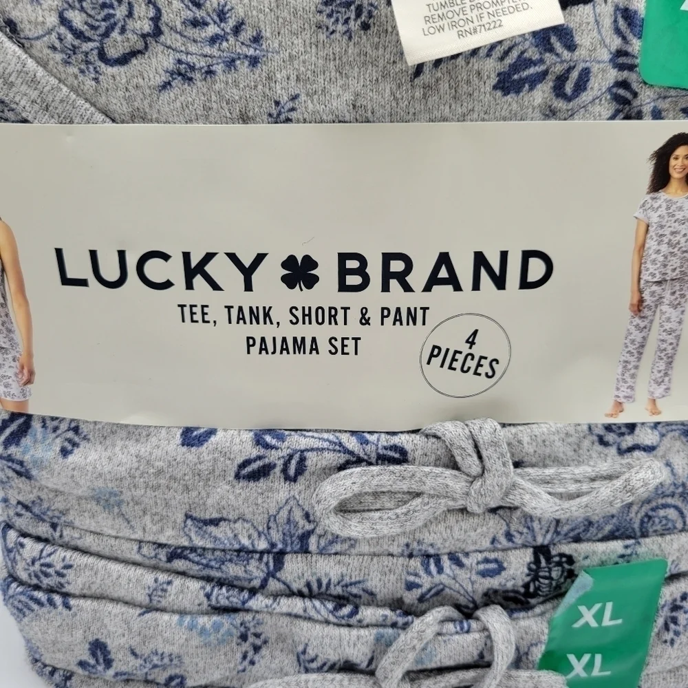 Lucky Brand Floral Tee Tank Shorts Pants Pajama 4 Piece Set Blue Grey XL